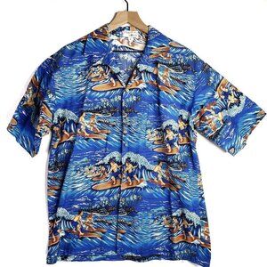 Tropical World Surfer Dude Hawaiian Short Sleeve Button Down Shirt L‎ Blue Top